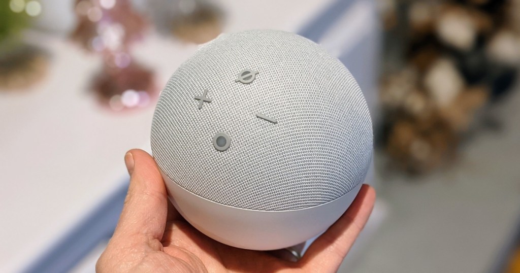 holding an Amazon Echo speaker