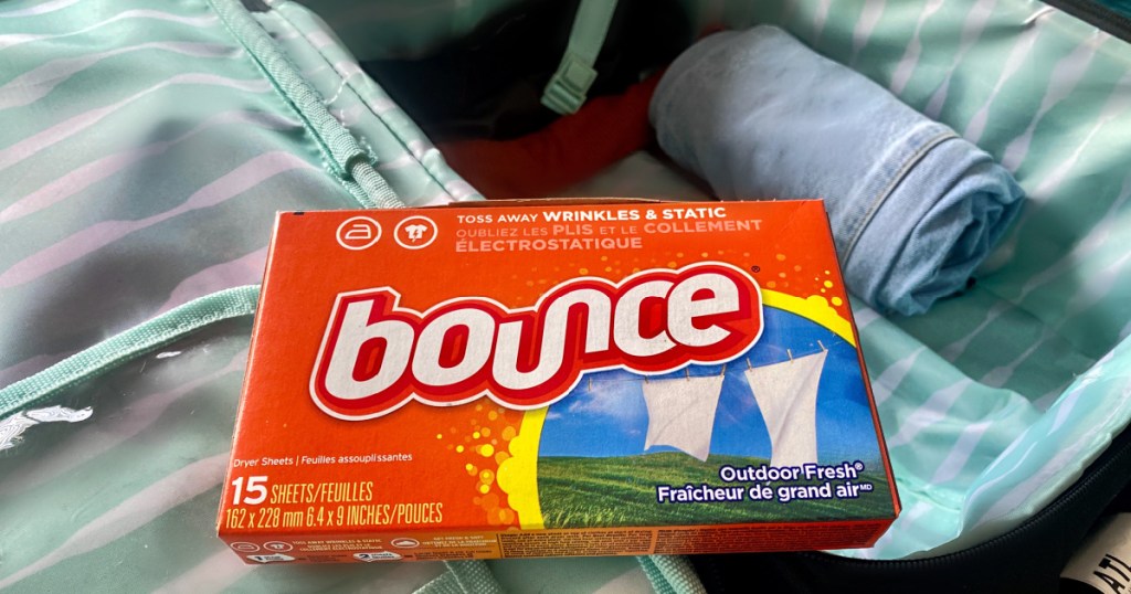 dryer sheet bounce on suitcase as a helpful packing tip for fresh clothes