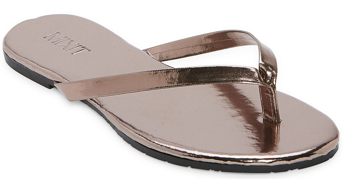 shiny brown flip flops