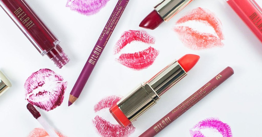 milani lipsticks and lipliners with kiss marks around them