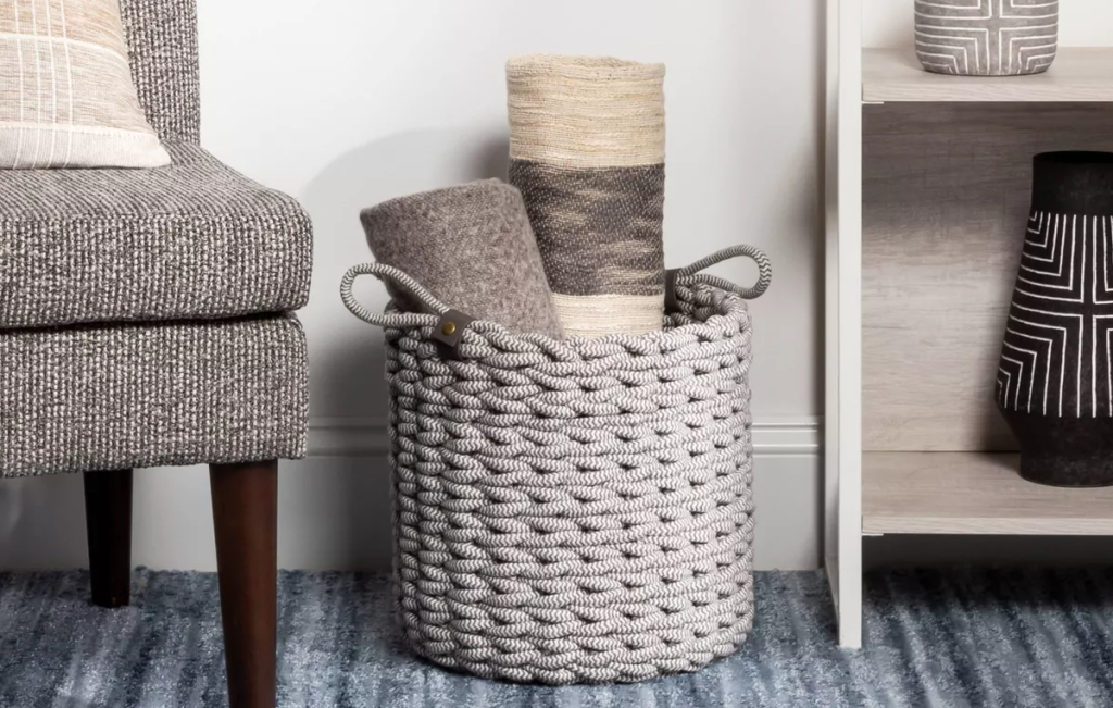 rope basket by a shelf and chair