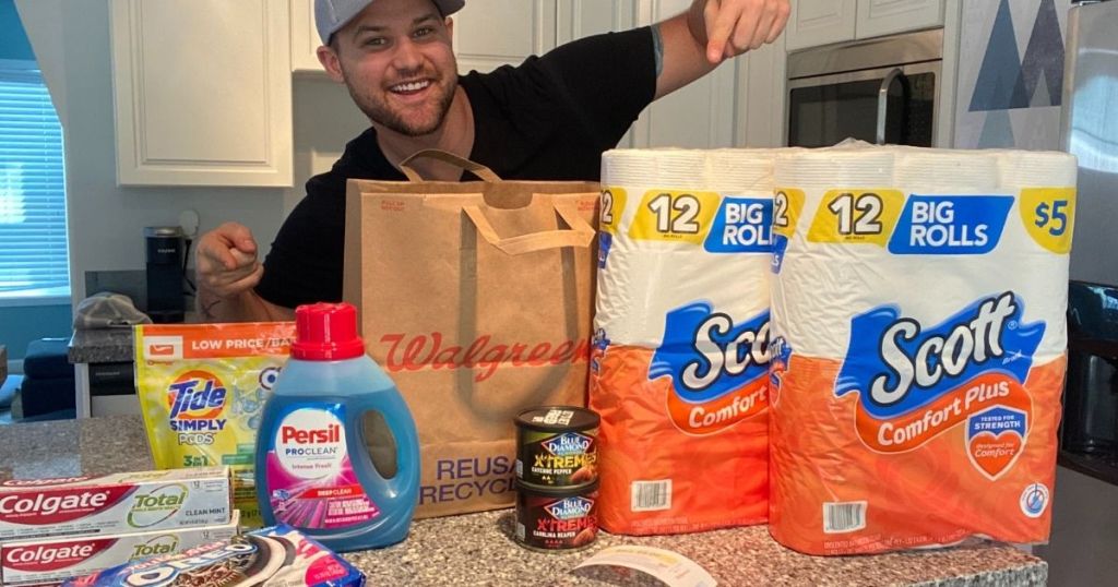 man pointing to groceries on a counter