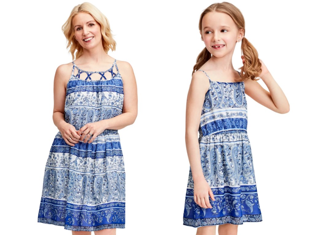woman and little girl wearing blue sun dresses
