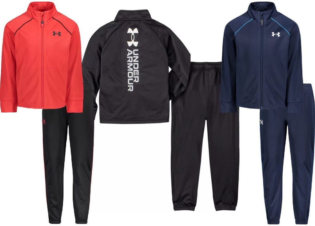 three boys' pant and jacket sets in different colors