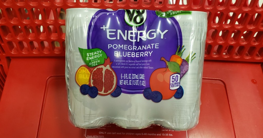 pack of v8 energy drinks in a cart