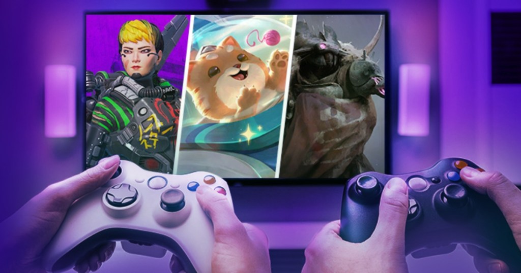 two video game controllers in front of split screen