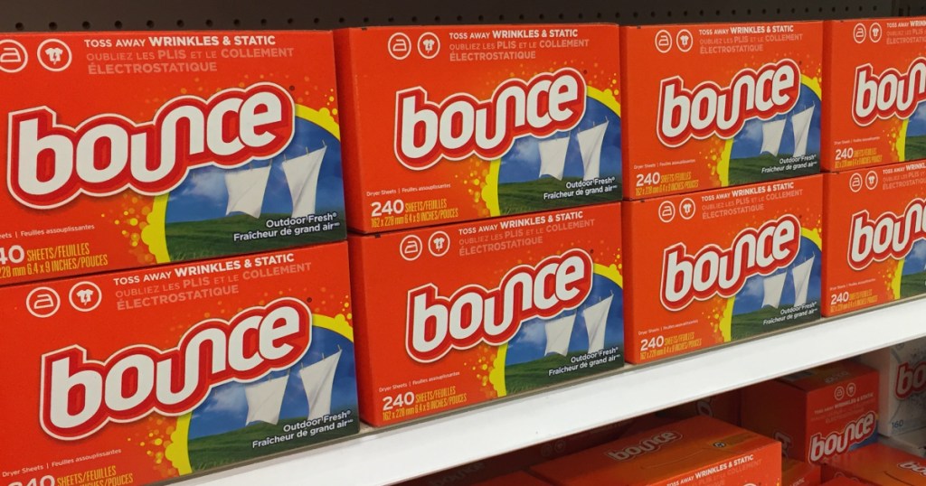 store shelves with packages of dryer sheets stacked up