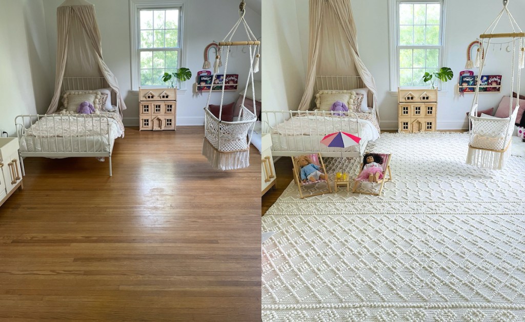 before and after of girls room with boho cream rug 