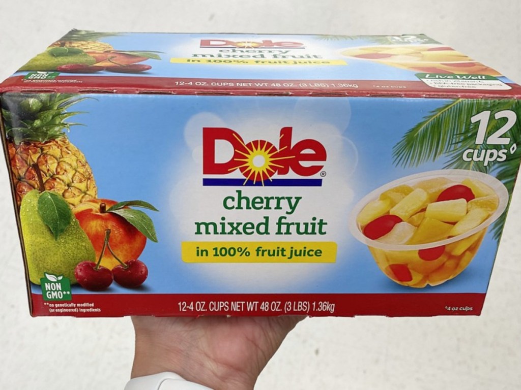 dole cherry mixed fruit cups in hand