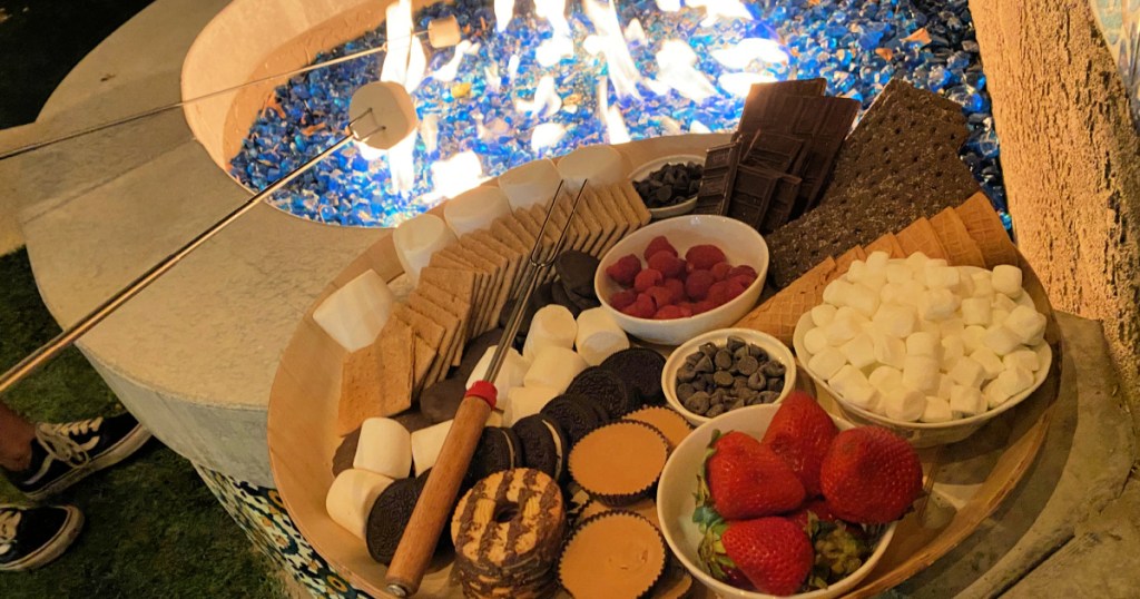 firepit with s'mores charcuterie board