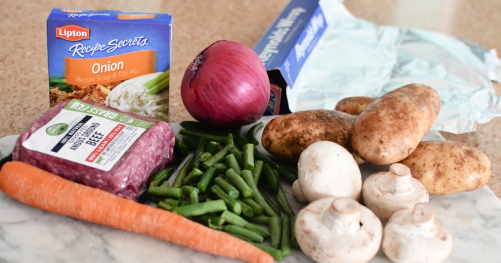 ingredients for ground beef and veggie foil packet dinner