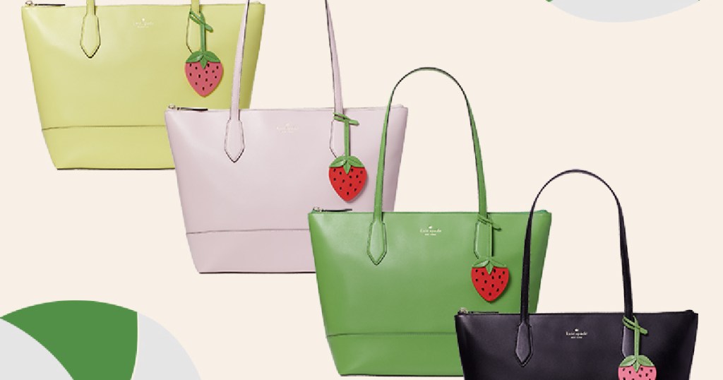 four colored totes with strawberry key holders on them