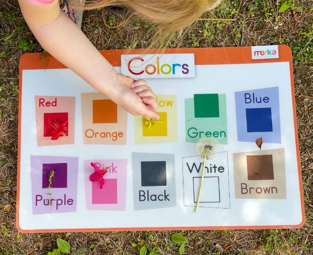 child matching colors to outdoor plants on grass