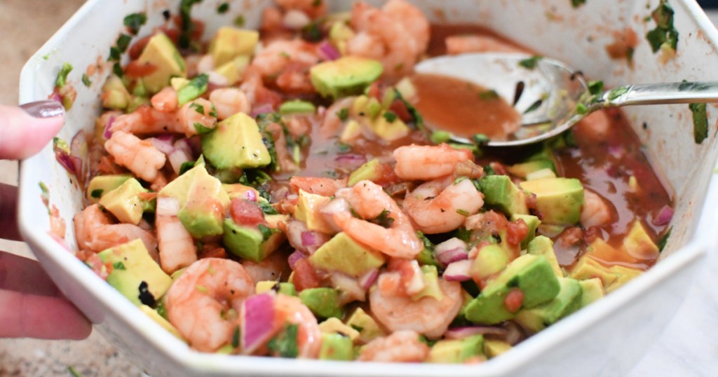 mixing bowl with mexican shrimp cocktail