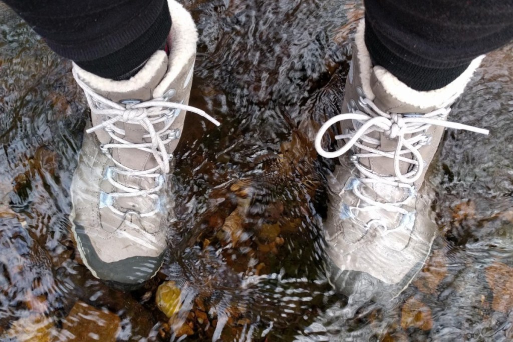oboz hiking boots submerged in water