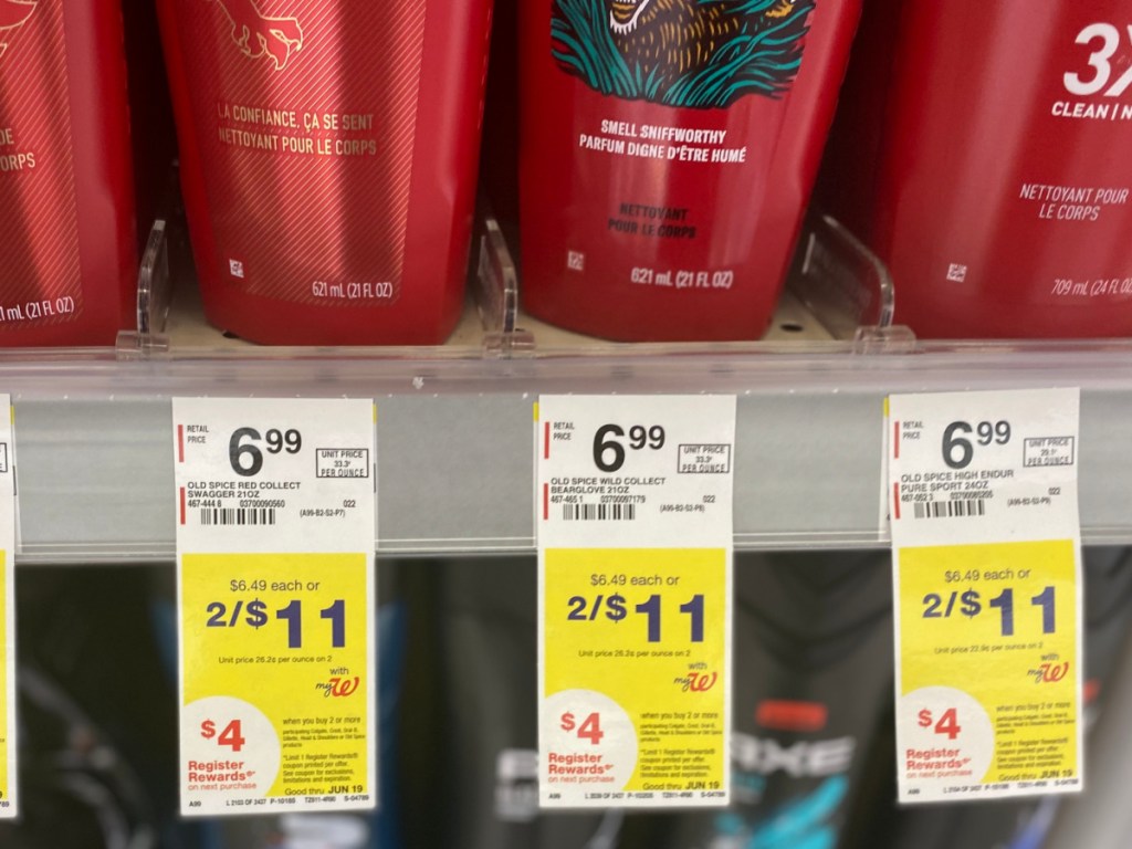 store shelf showing tag prices by men's body wash