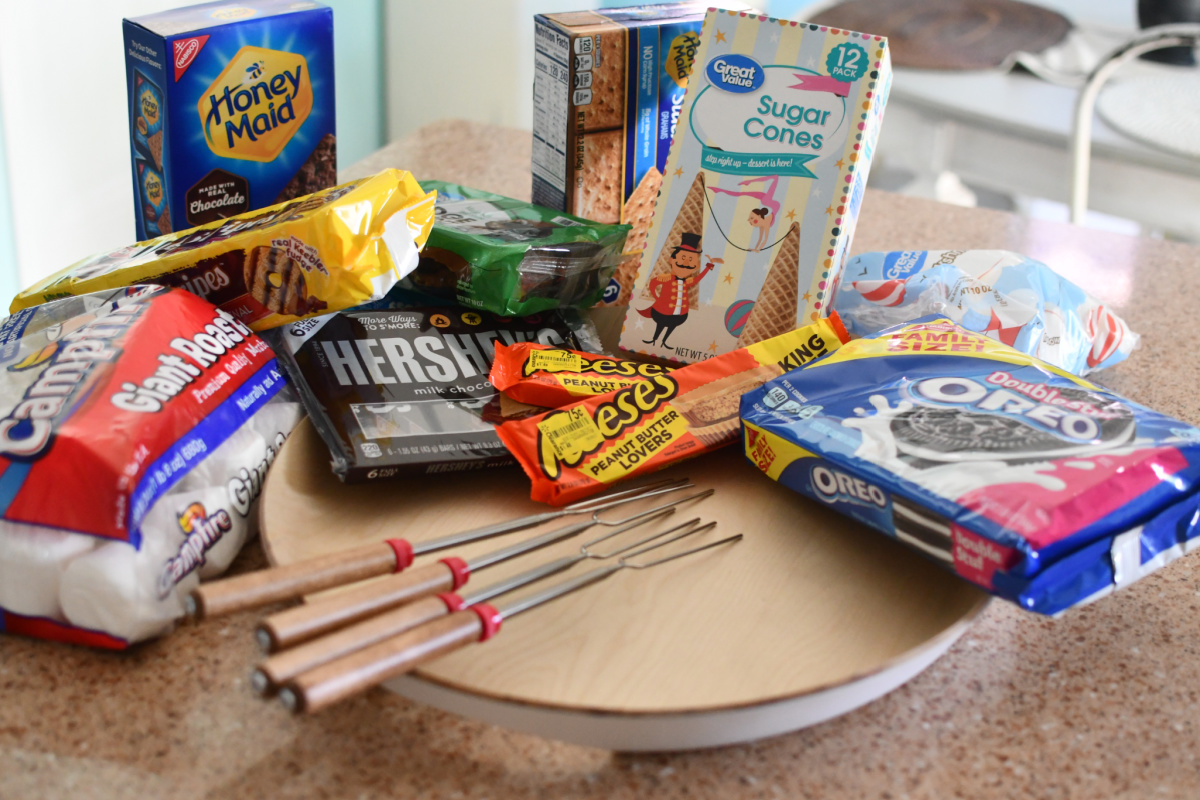 s'mores ingredients and tray for serving 