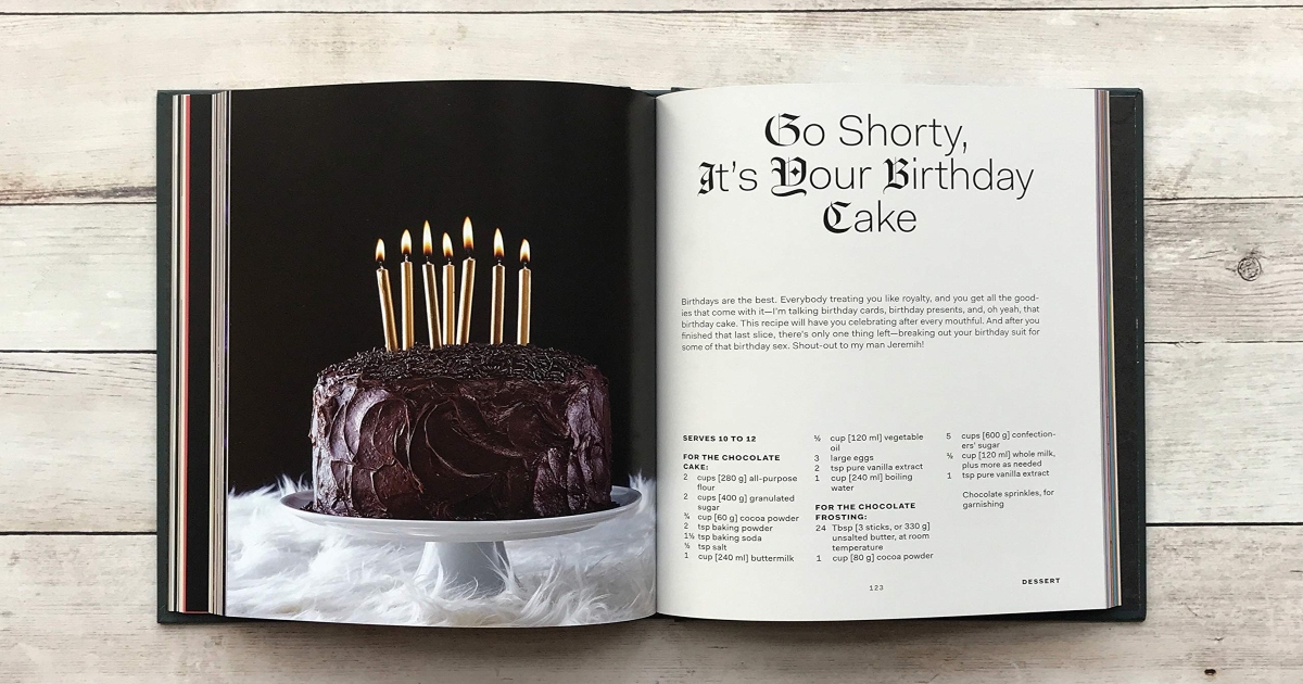 Snoop Dog Cook Book open to a chocolate Birthday cake recipe