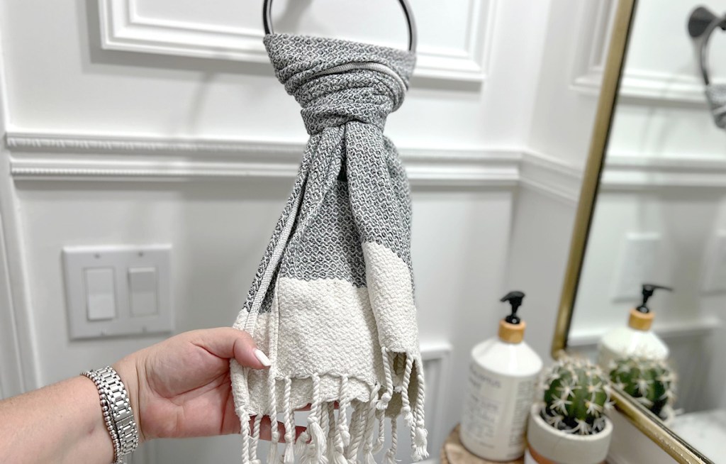 turkish towel hanging in bathroom