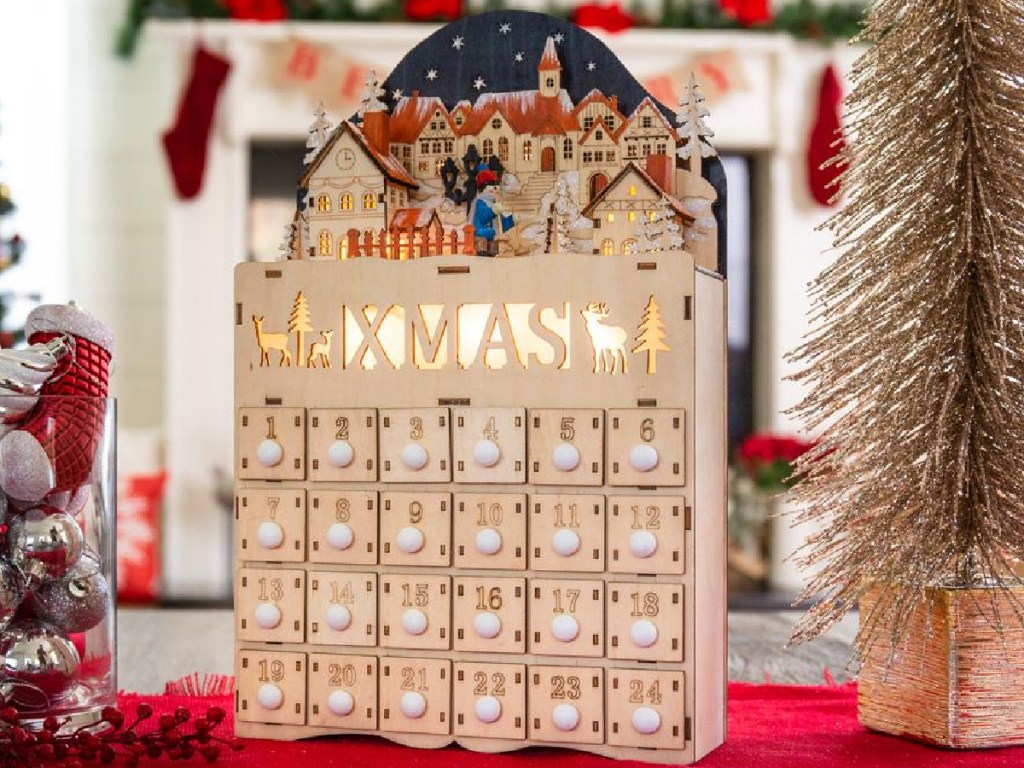 Wooden Christmas Village Advent Calendar Decoration w/ LED Light Background