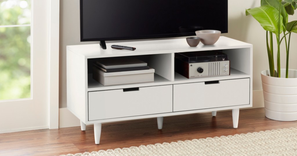 Better Homes And Gardens Flynn TV Stand in white in living room