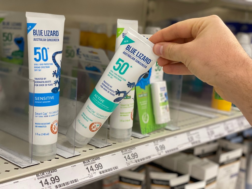 Blue Lizard Sunscreen on store shelf