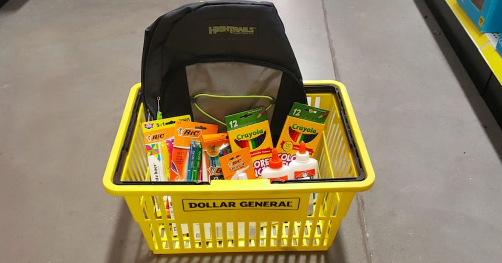 school supplies in Dollar General basket