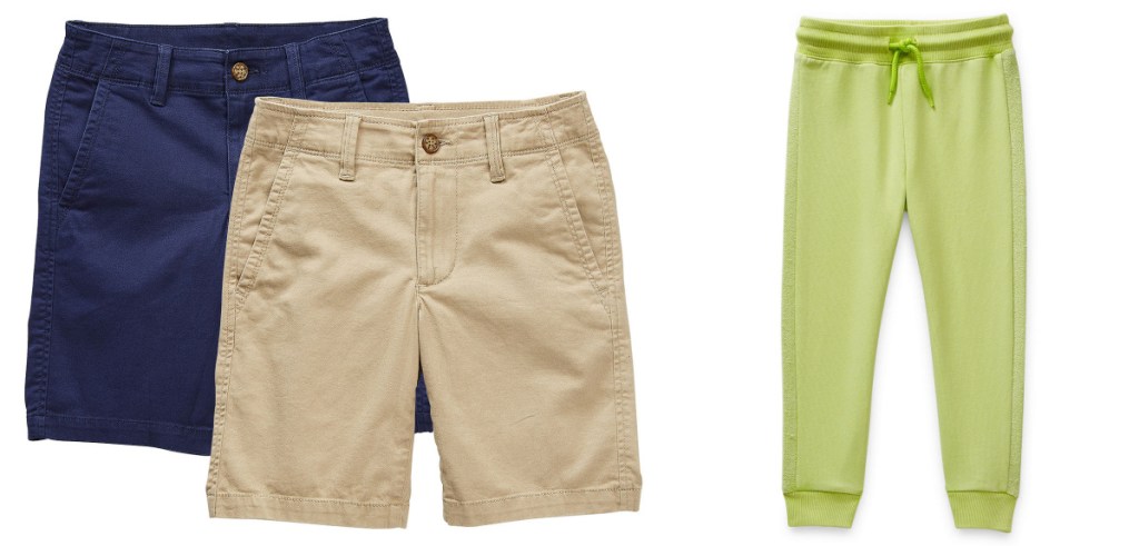 boys uniform shorts and green joggers