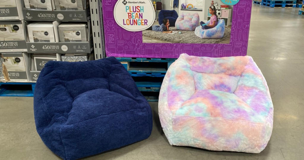 two beanbag chairs on warehouse floor near display