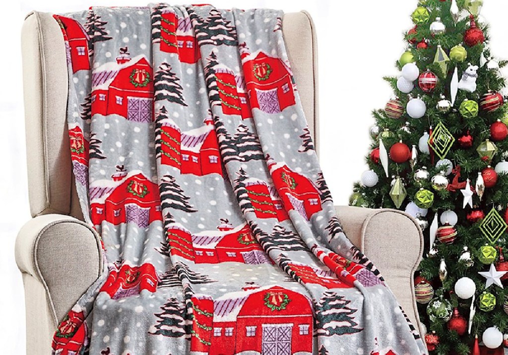 Noble House Gray & Red Snow Barn Throw Blanket