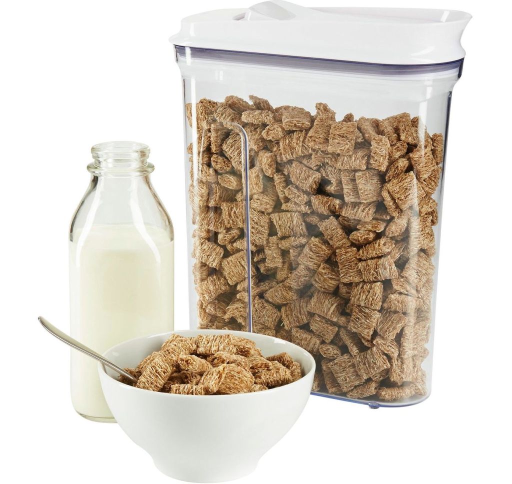 OXO Cereal Dispenser next to milk and bowl