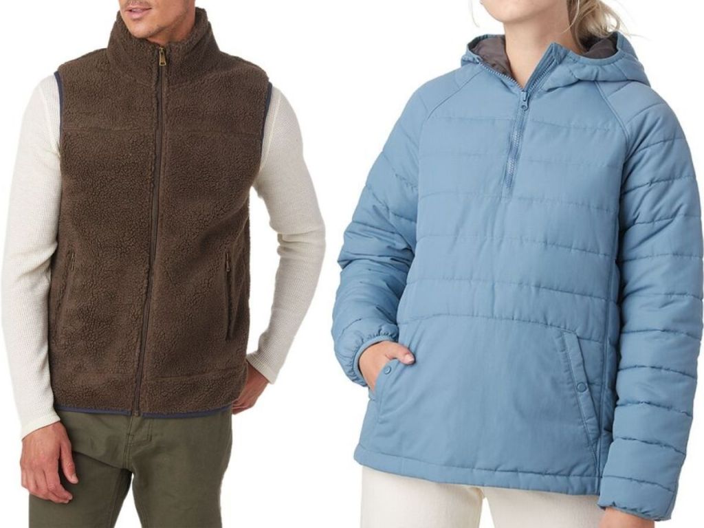 Man wearing sherpa vest and woman wearing winter pullover jacket