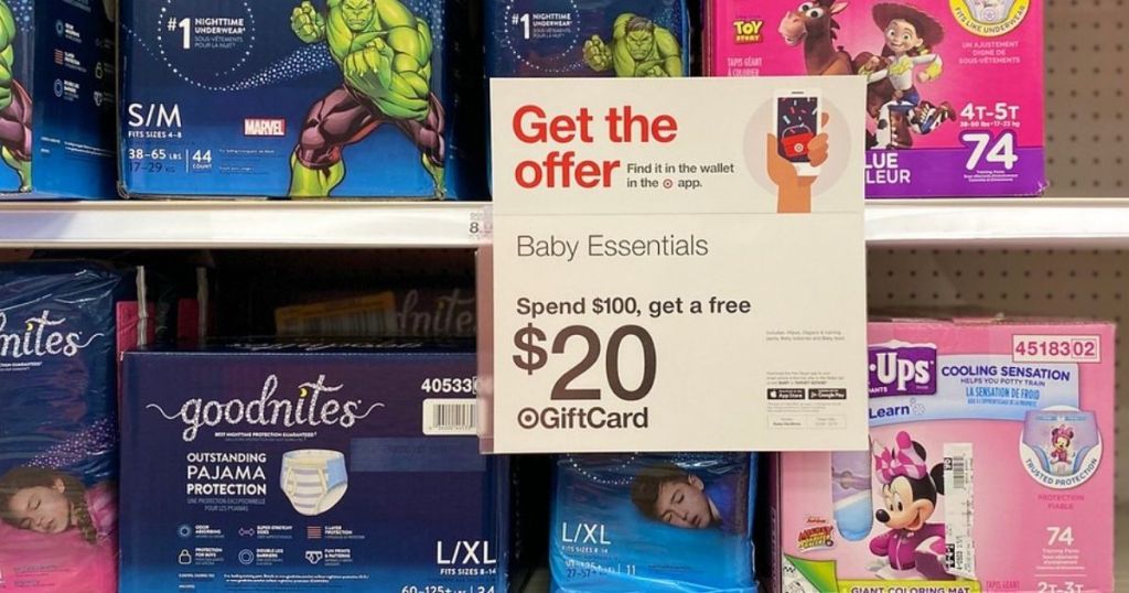 Target Gift Card sign near diapers and training pants