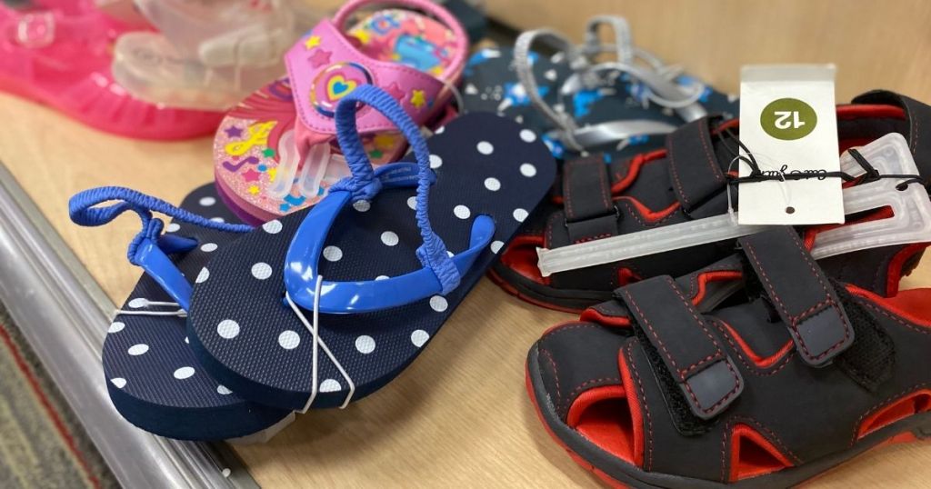 group of sandals on a shelf at Target