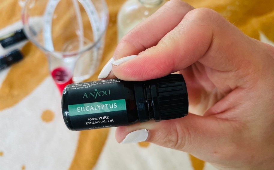 hand holding bottle of anjou eucalyptus essential oil