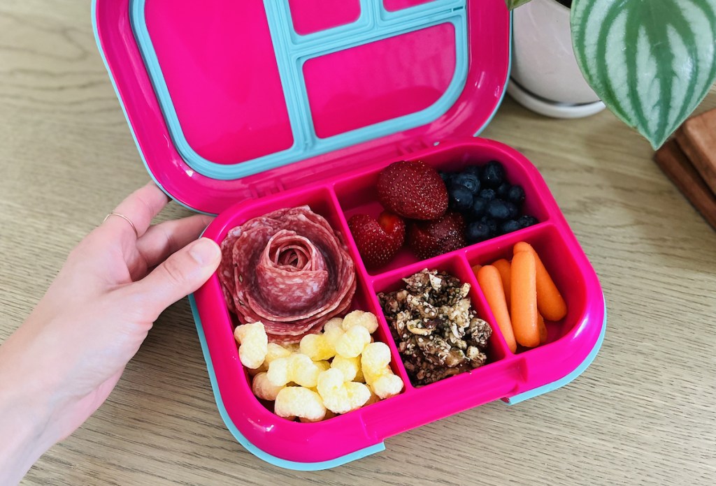 hand holding bento lunchbox with style food inside