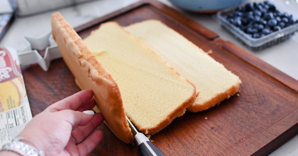cutting pound cake into three sections
