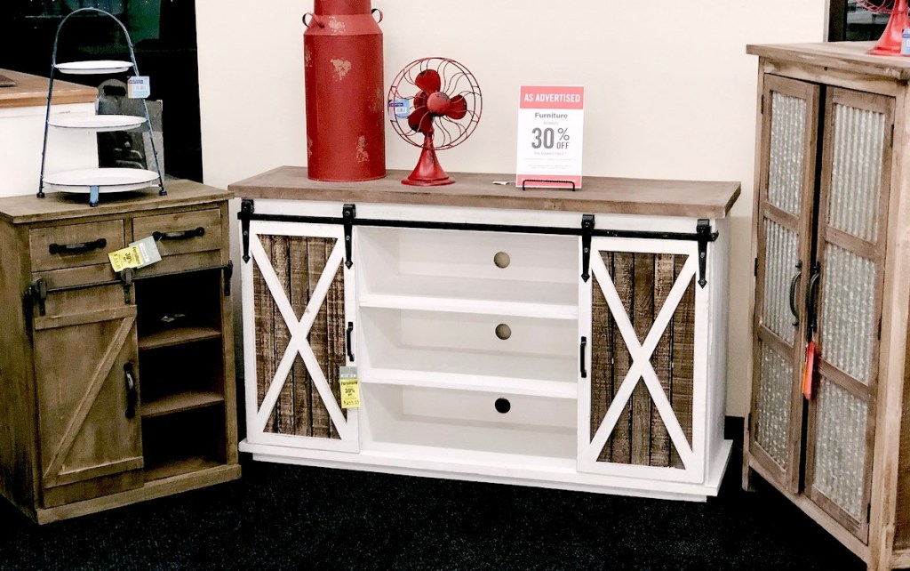 farmhouse style console table with sale sign on top