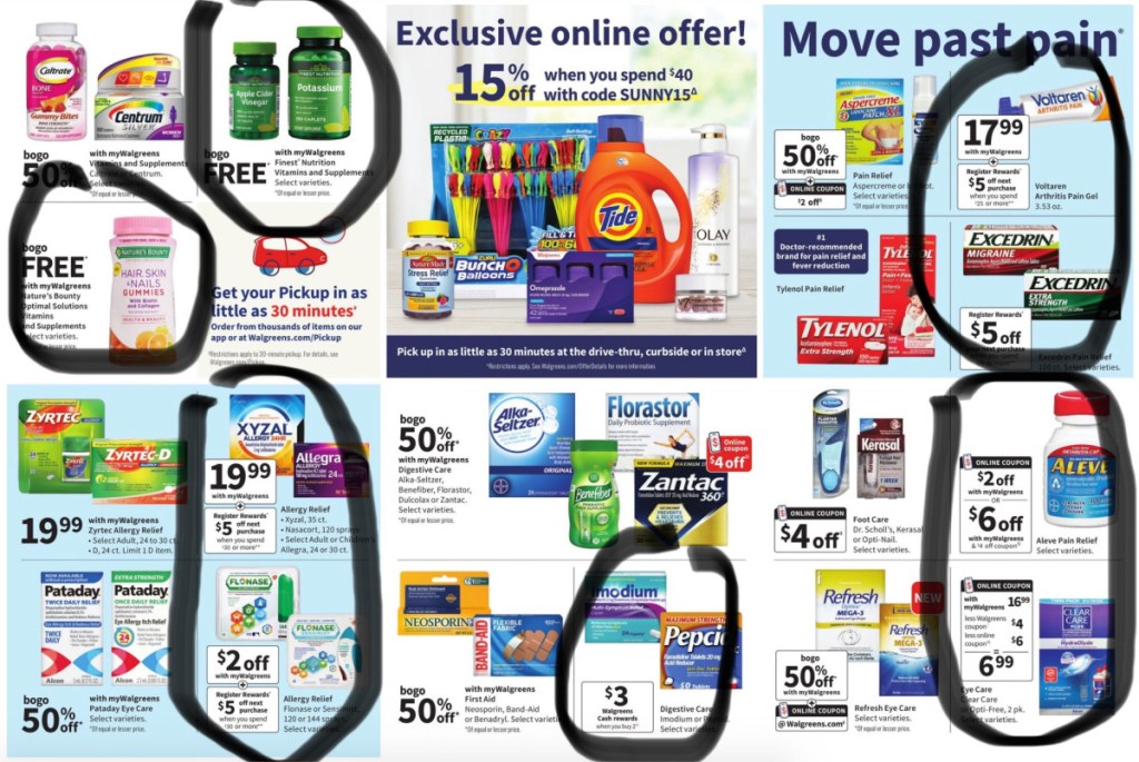 health items circled in walgreen ad