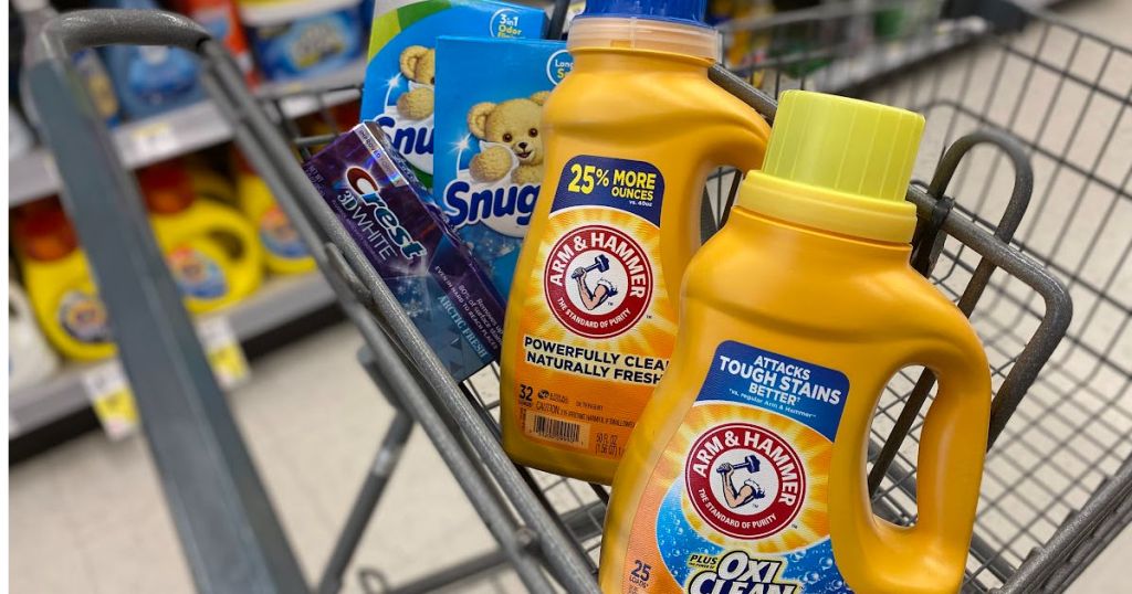 toothpaste and laundry detergent in cart 