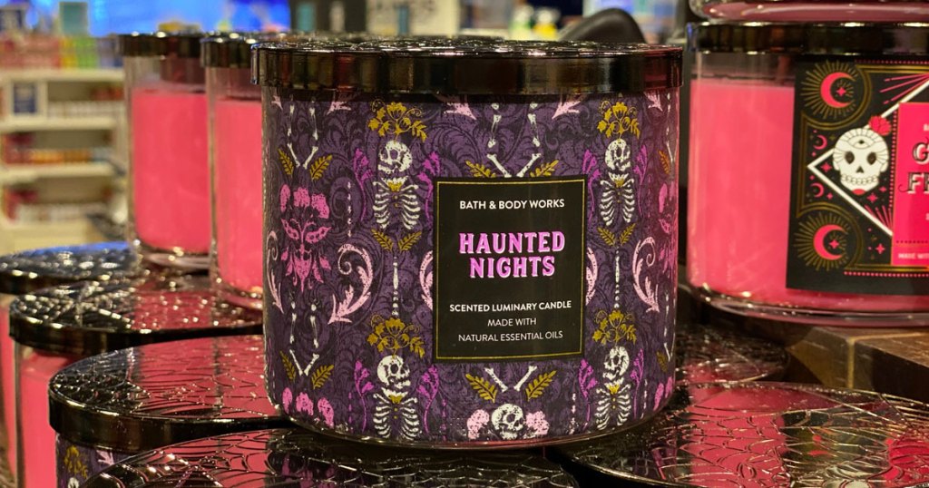 haunted nights bath & body works candle on display