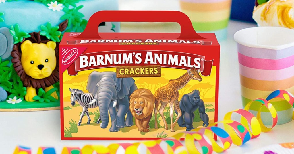 Barnum's Animal Crackers Box shown with confetti and party items