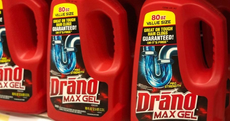 row of Drano bottles on a shelf