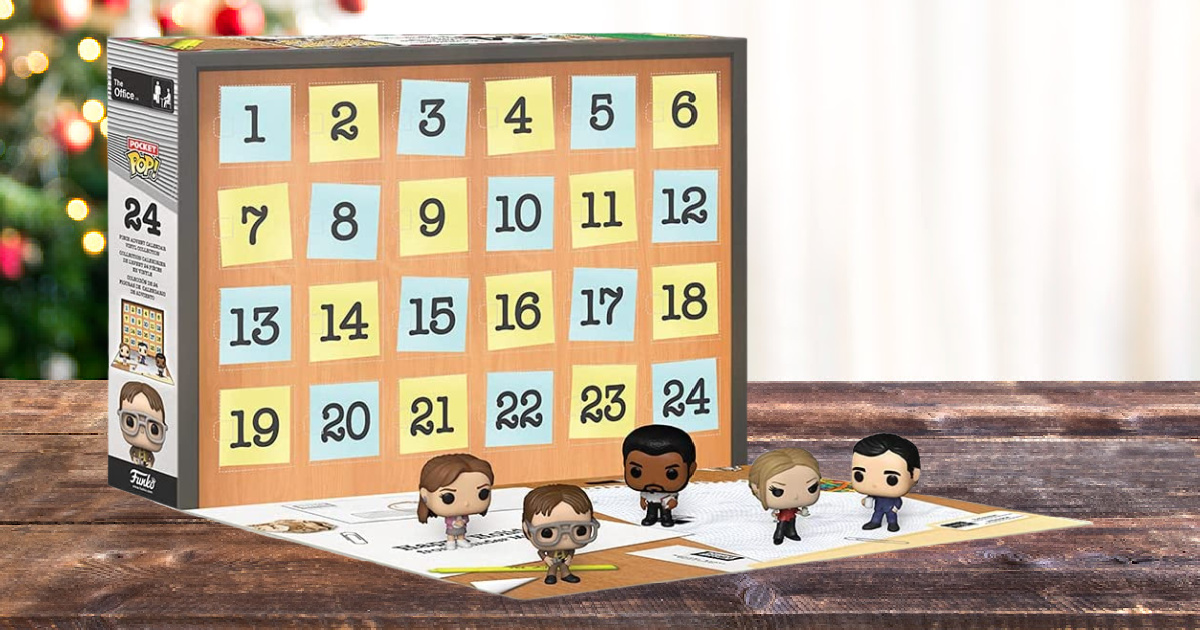 stock image of the funko pop the office advent calendar displayed on a table