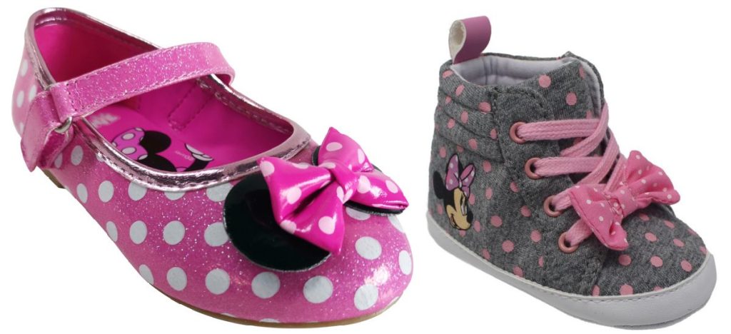 girls pink Minnie Mouse ballet flat and baby pink and gray Minnie Mouse shoe