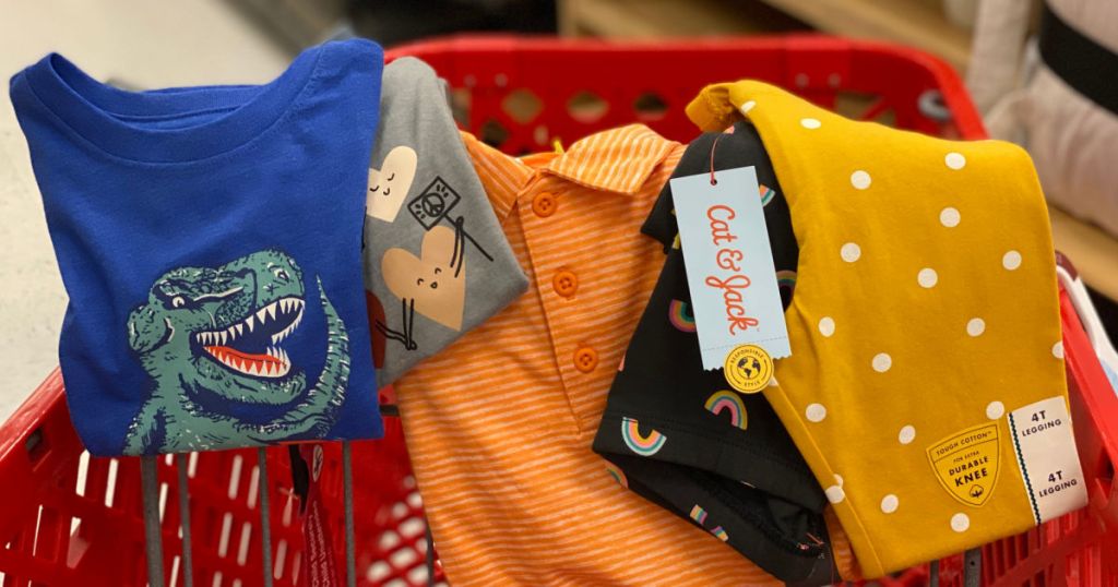 kids clothes in red cart 