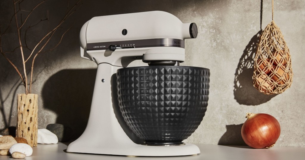stand mixer with black studded bowl