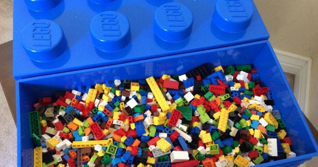 blue LEGO box filled with LEGOS