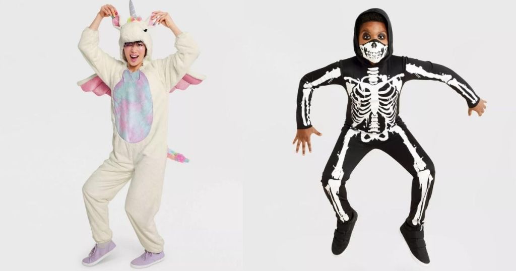 people wearing Unicorn and Skeleton Costumes