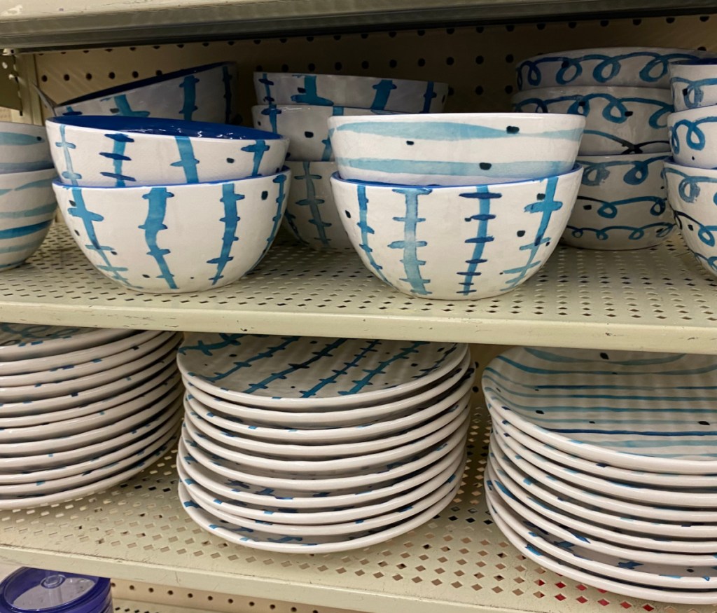 watercolor dinnerware on display in-store